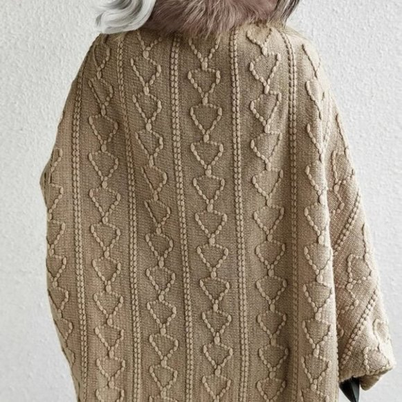 Faux fur Trim Textured Knit  Open front Sweater Cardigan Khaki - Picture 4 of 9